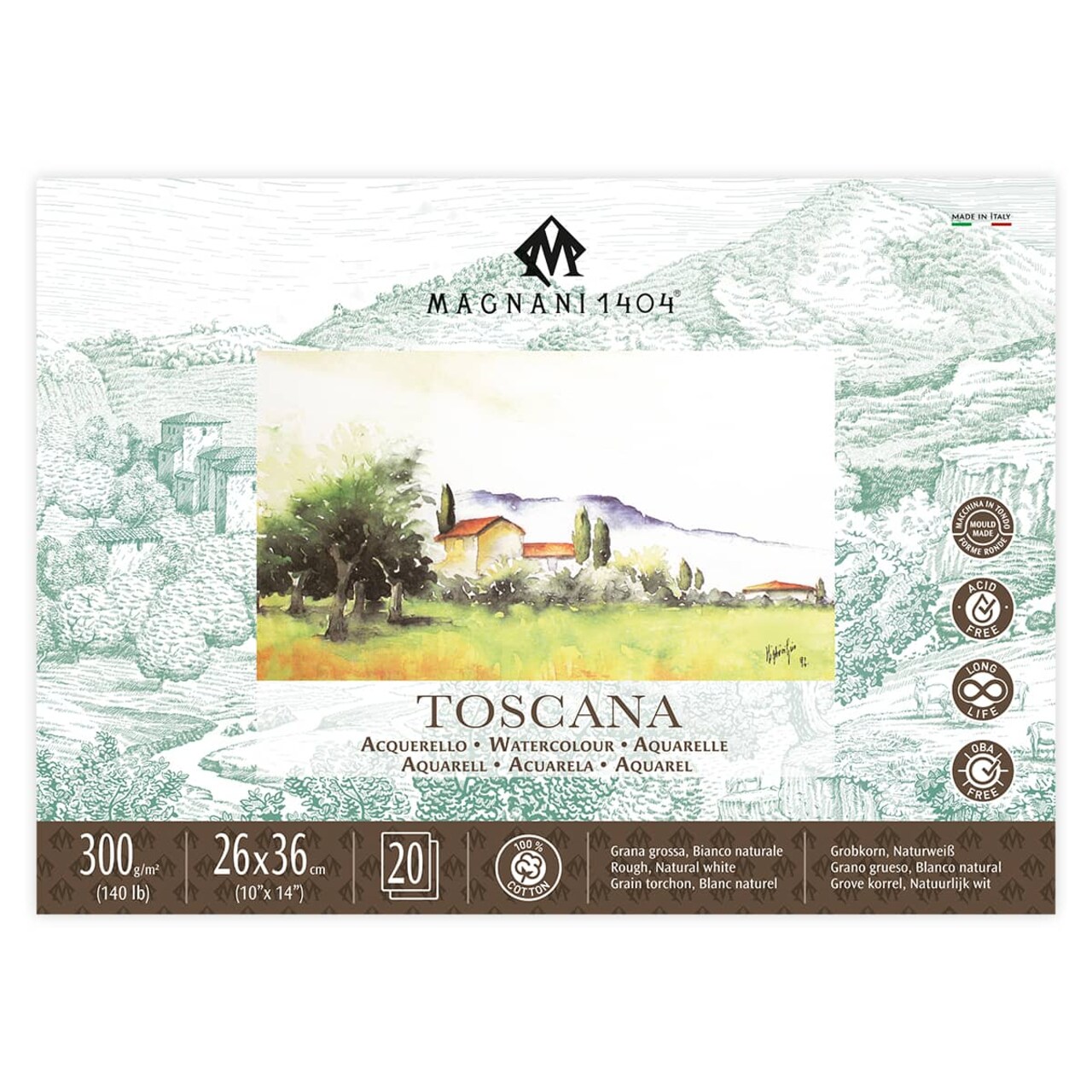 Magnani 1404 Toscana Rough 100% Cotton Watercolor Paper Block, 20 Sheets, 140 lb, Acid-Free, UV Resistant, Vegan Sized Water Color Paper for Artists, Made in Italy